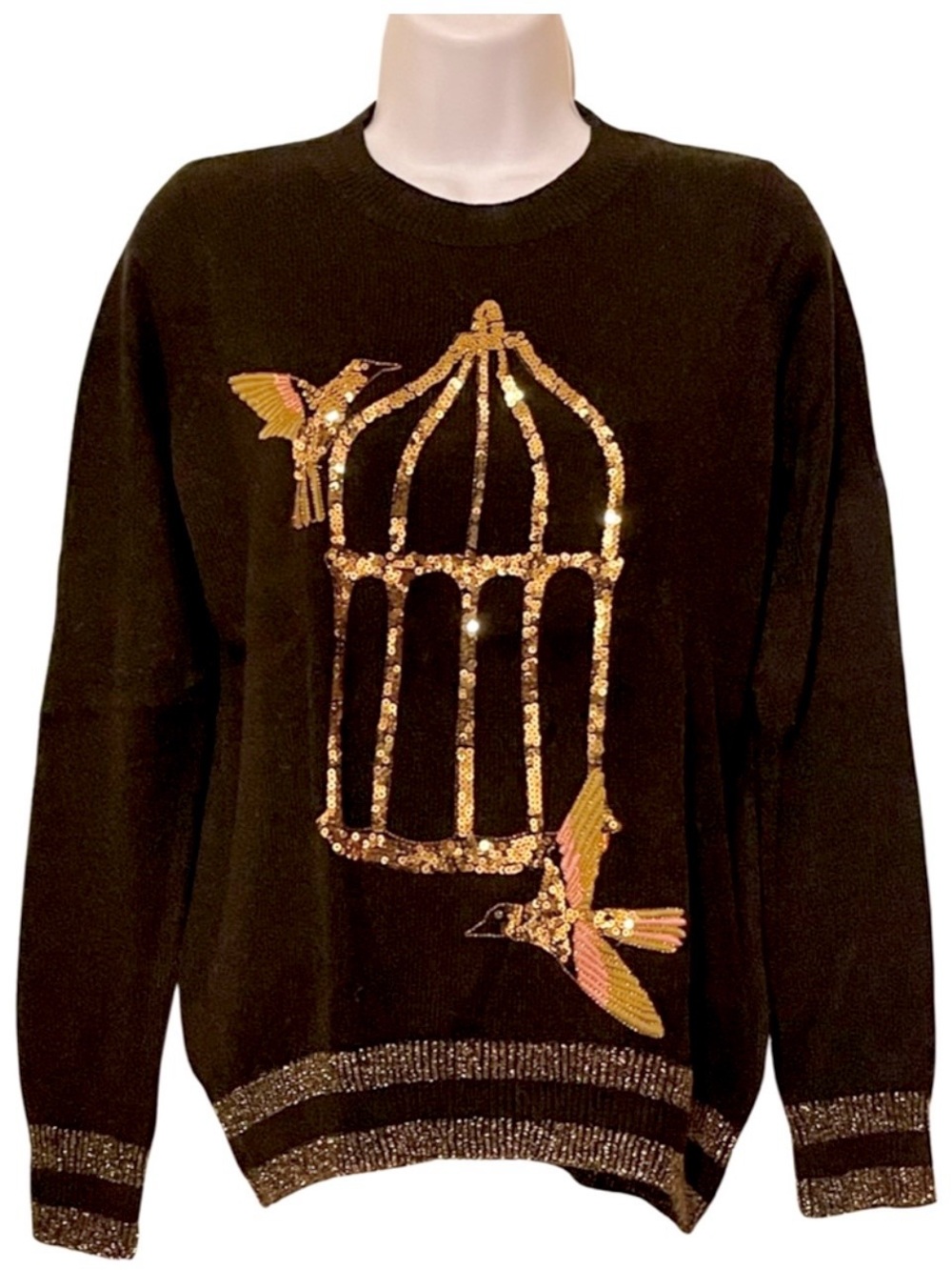 H&M Women’s Black Pullover Crew Neck Knit Sweater with Gold Sequins Size S